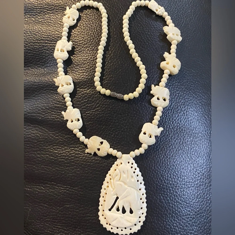 Vintage Carved Bone Pendant Off White Beaded Necklace Elephant Design Good Luck